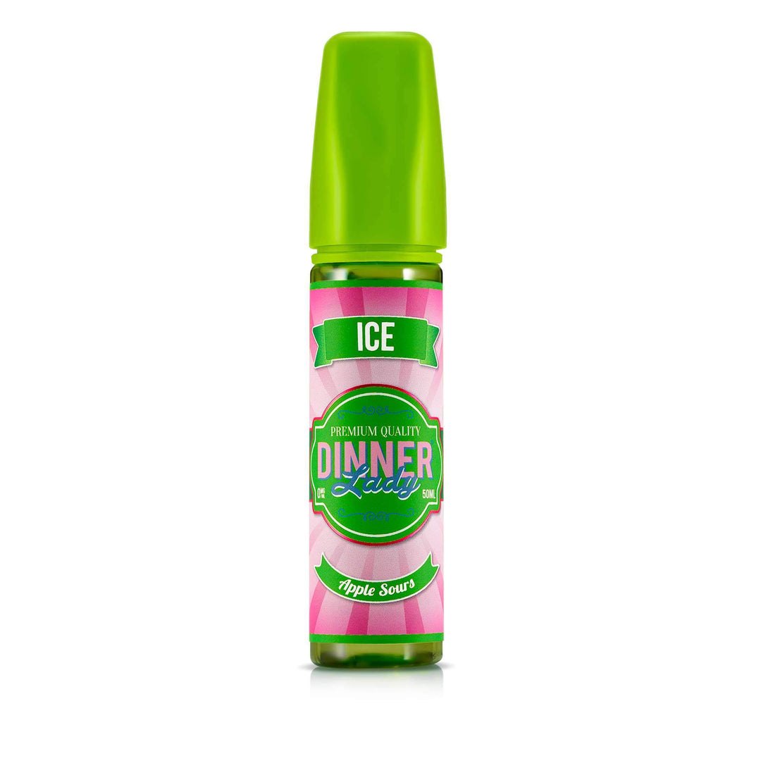 Dinner Lady Ice Apple Sours vape juice bottle with green cap on a white background