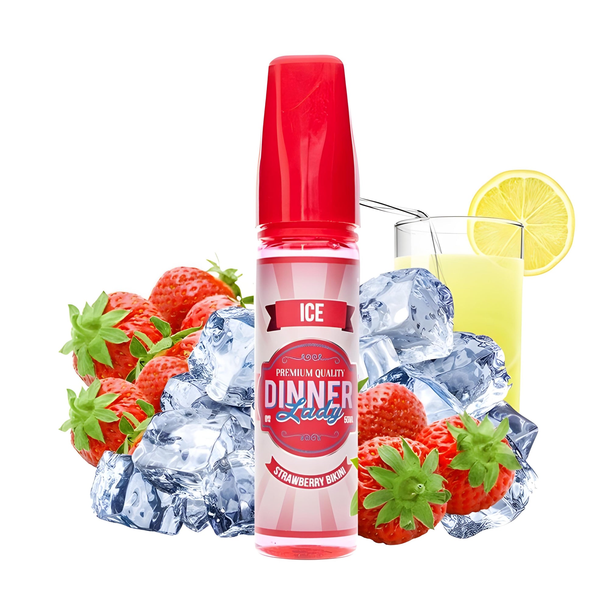 Dinner Lady Strawberry Ice vape pen with strawberries, ice cubes, and a glass of lemonade on a white background