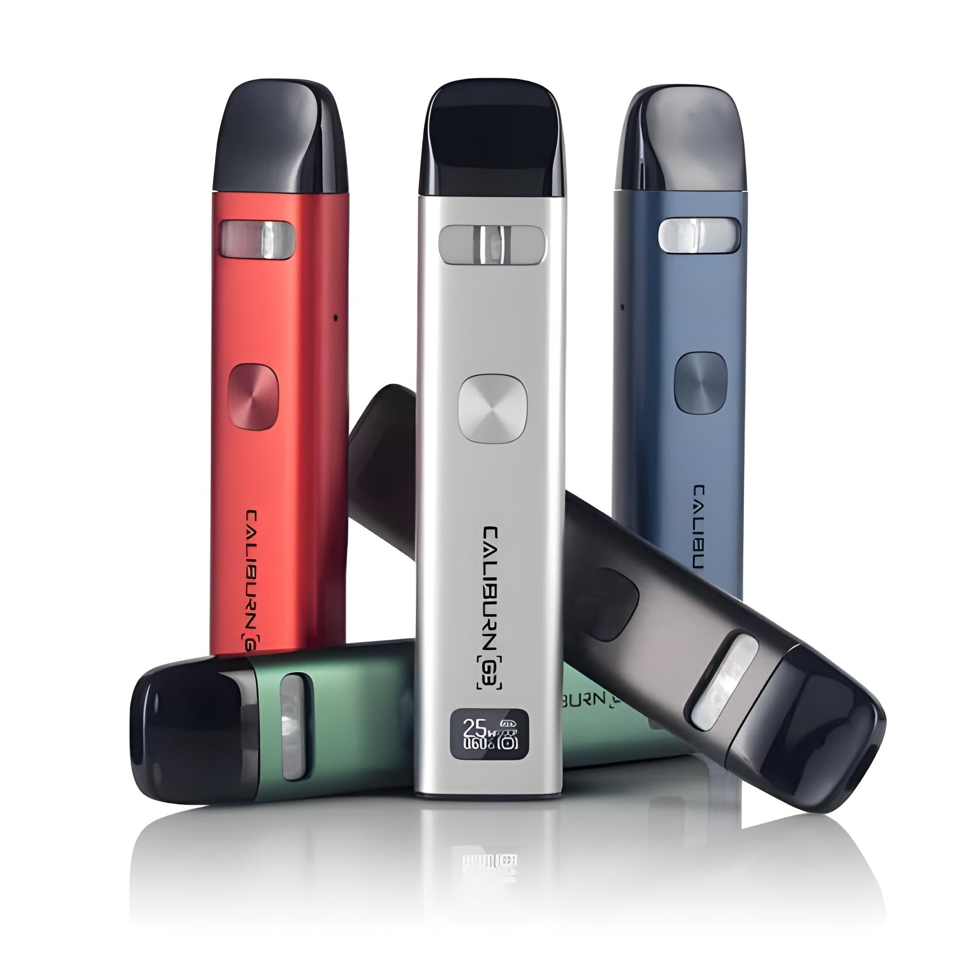 Four Caliburn vaping devices in red, silver, blue, and black on a white background