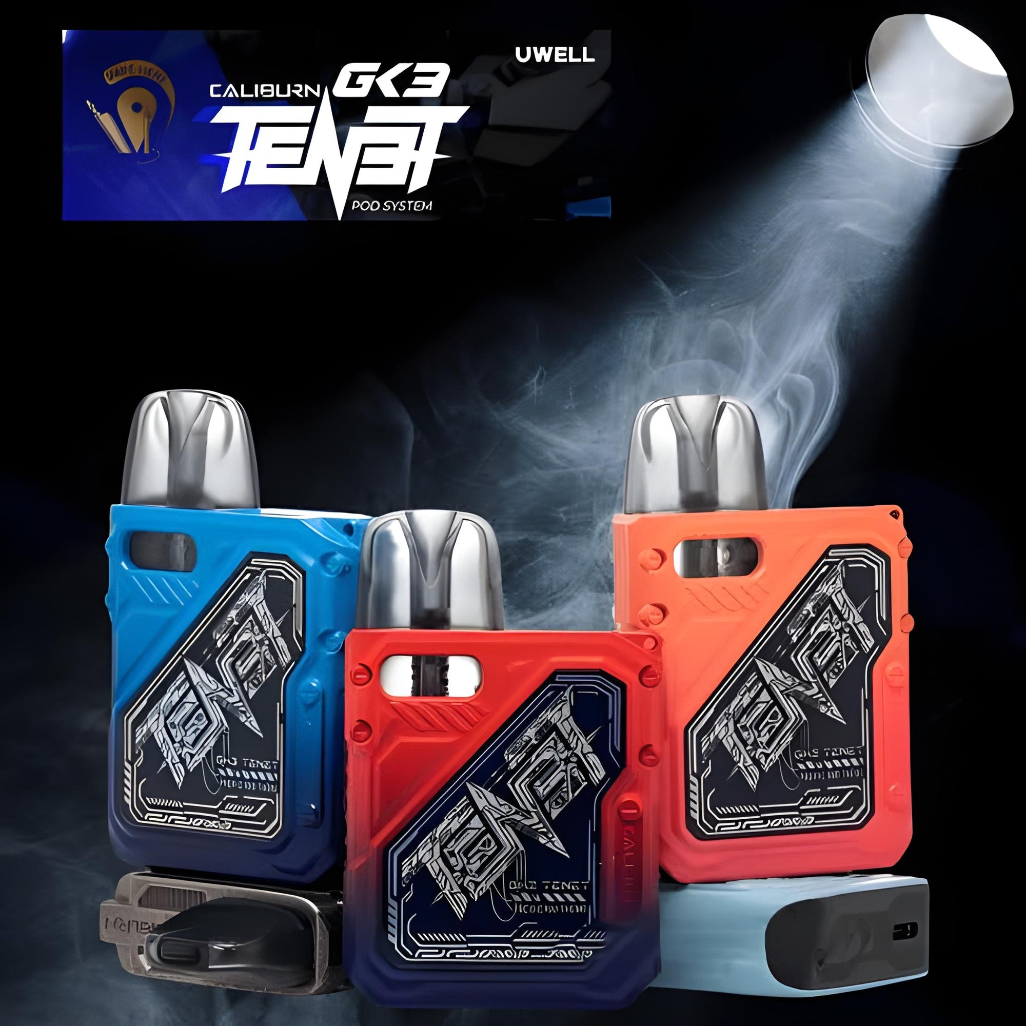 Three vape devices in blue, red, and orange with 'TENET' branding on a dark background.