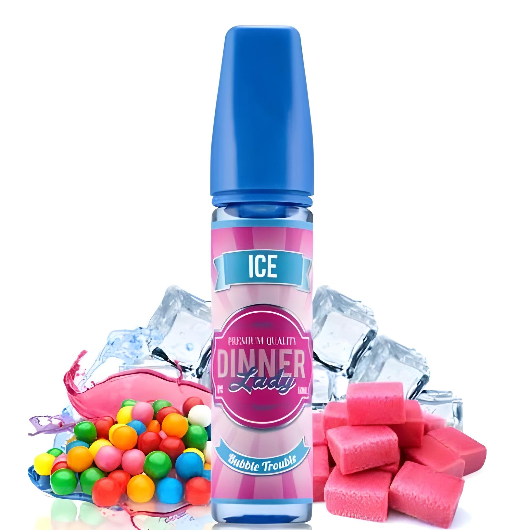 Dinner Lady bubble gum ice flavor vape juice with colorful candies and pink gummy bears on a white background