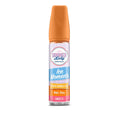 Vape juice bottle with orange cap and colorful label on a white background