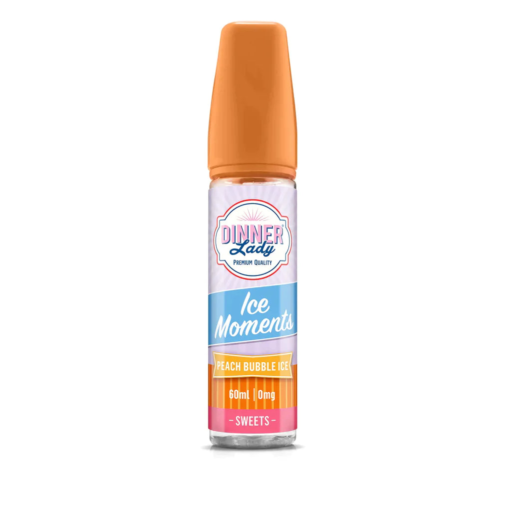 Vape juice bottle with orange cap and colorful label on a white background