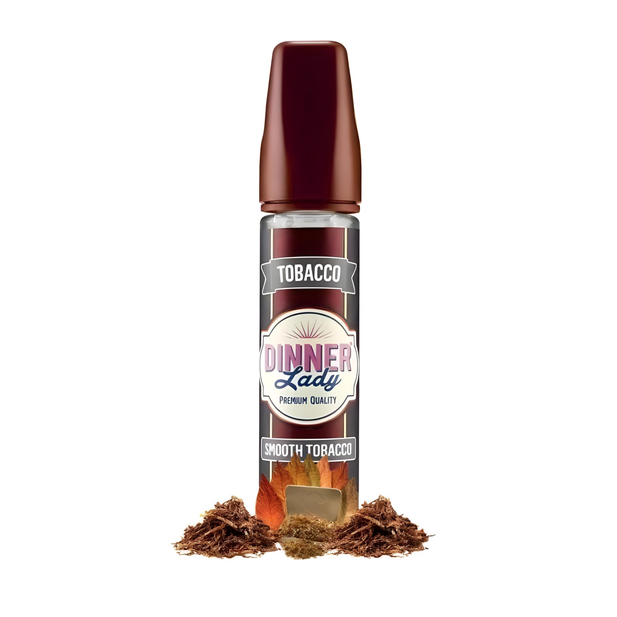 Dinner Lady Smooth Tobacco vape juice bottle with tobacco leaves on a white background