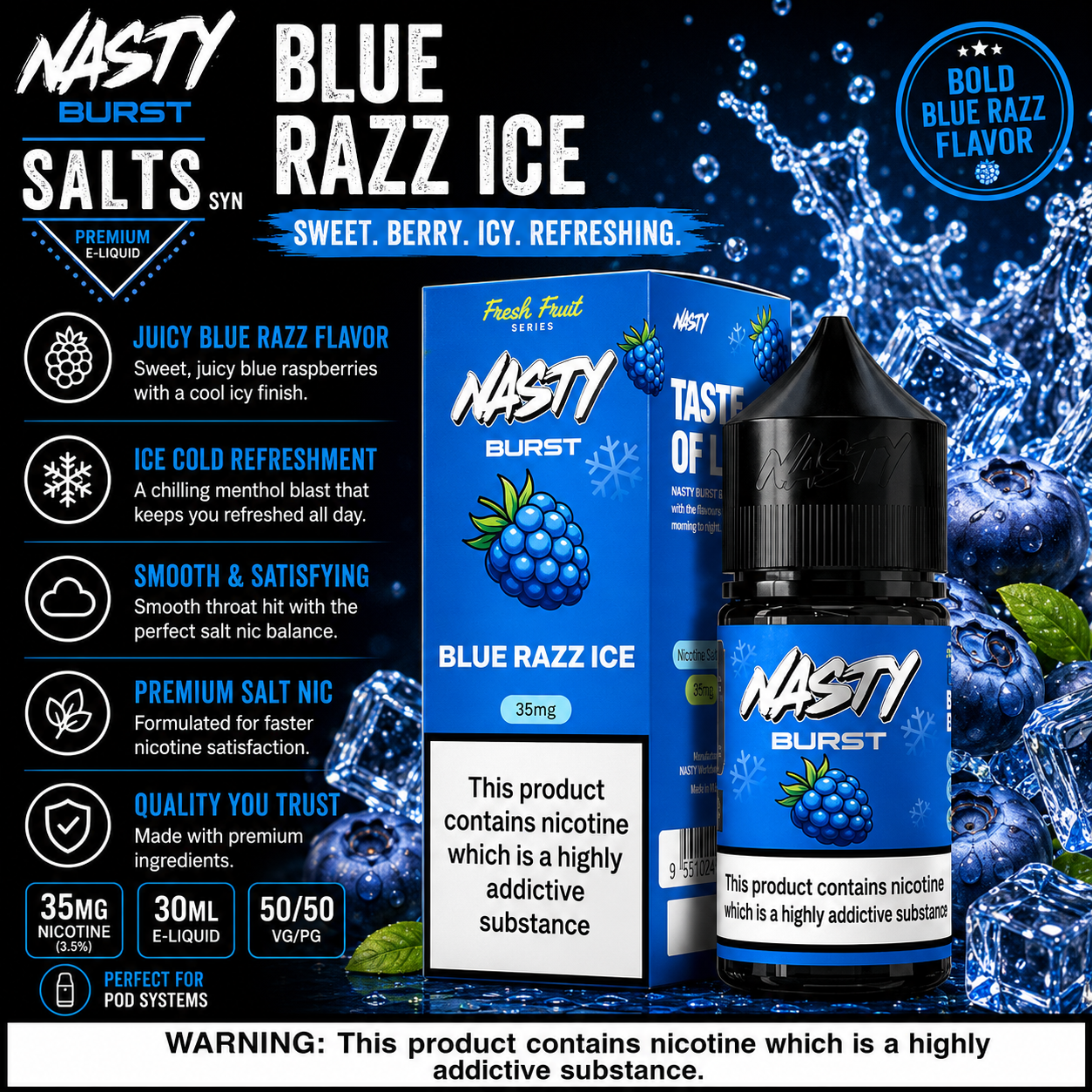 Nasty Burst Blue Razz Ice Nicotine Salt E-Liquid 35mg 30ml by Indian Vape Hub