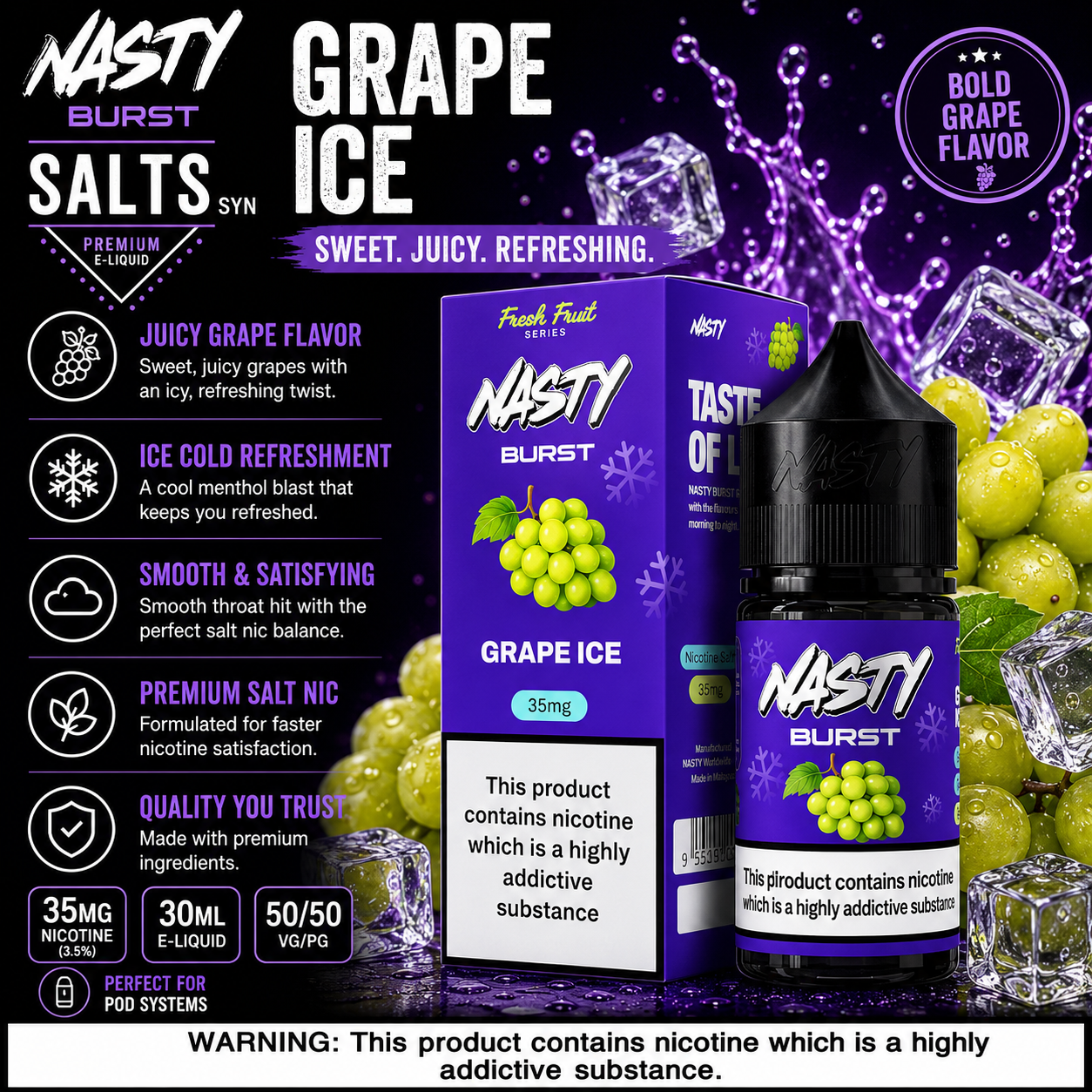 Nasty Burst Grape Ice Nicotine Salt E-Liquid 35mg 30ml by Indian Vape Hub
