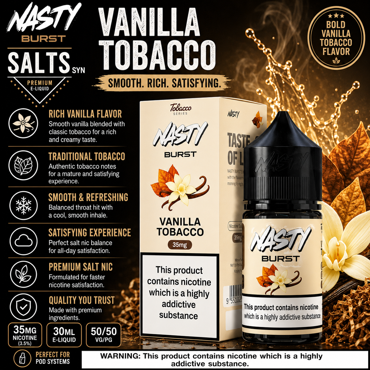 Nasty Burst Vanilla Tobacco Nicotine Salt E-Liquid 35mg 30ml by Indian Vape Hub