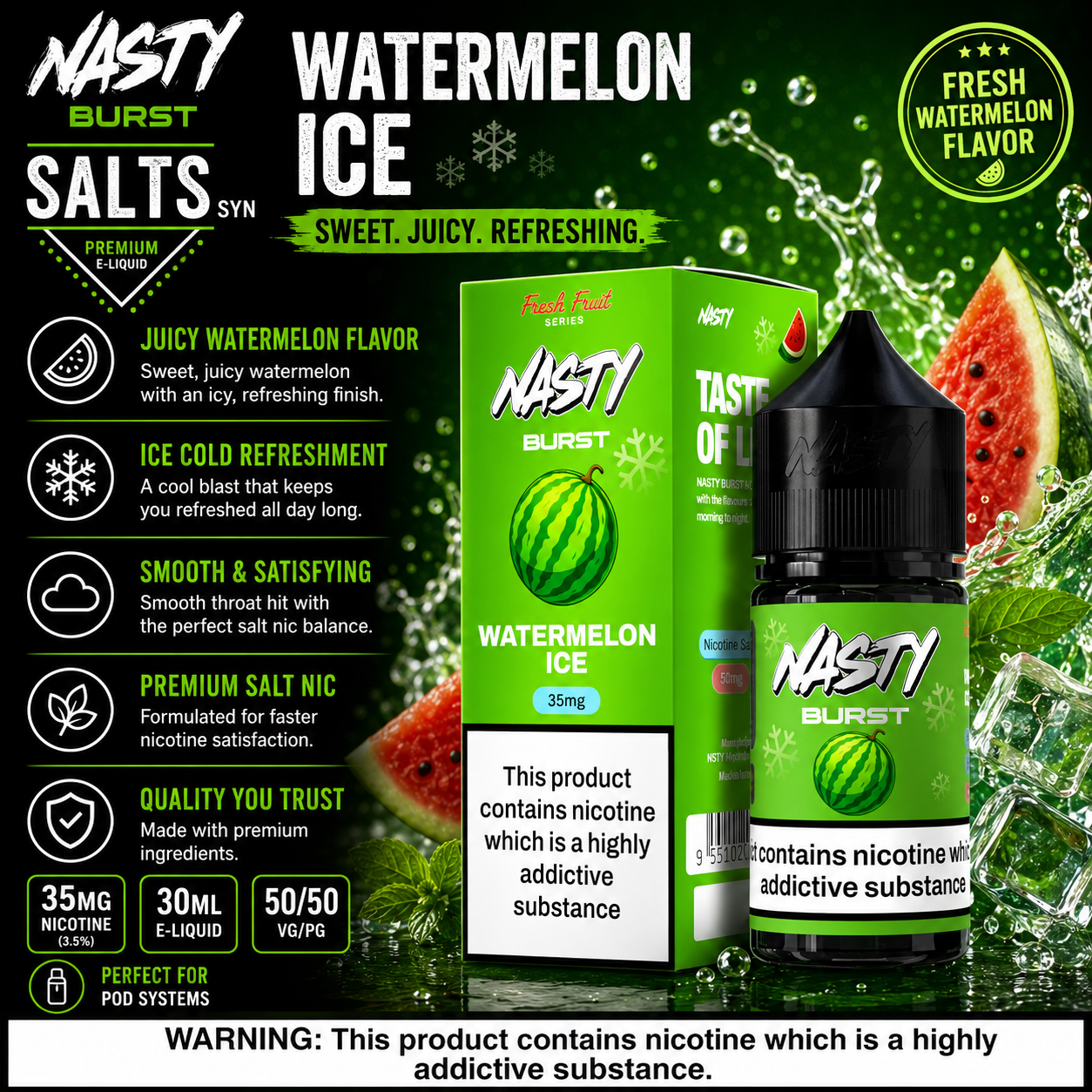 Nasty Burst Watermelon Ice Nicotine Salt E-Liquid 35mg 30ml by Indian Vape Hub