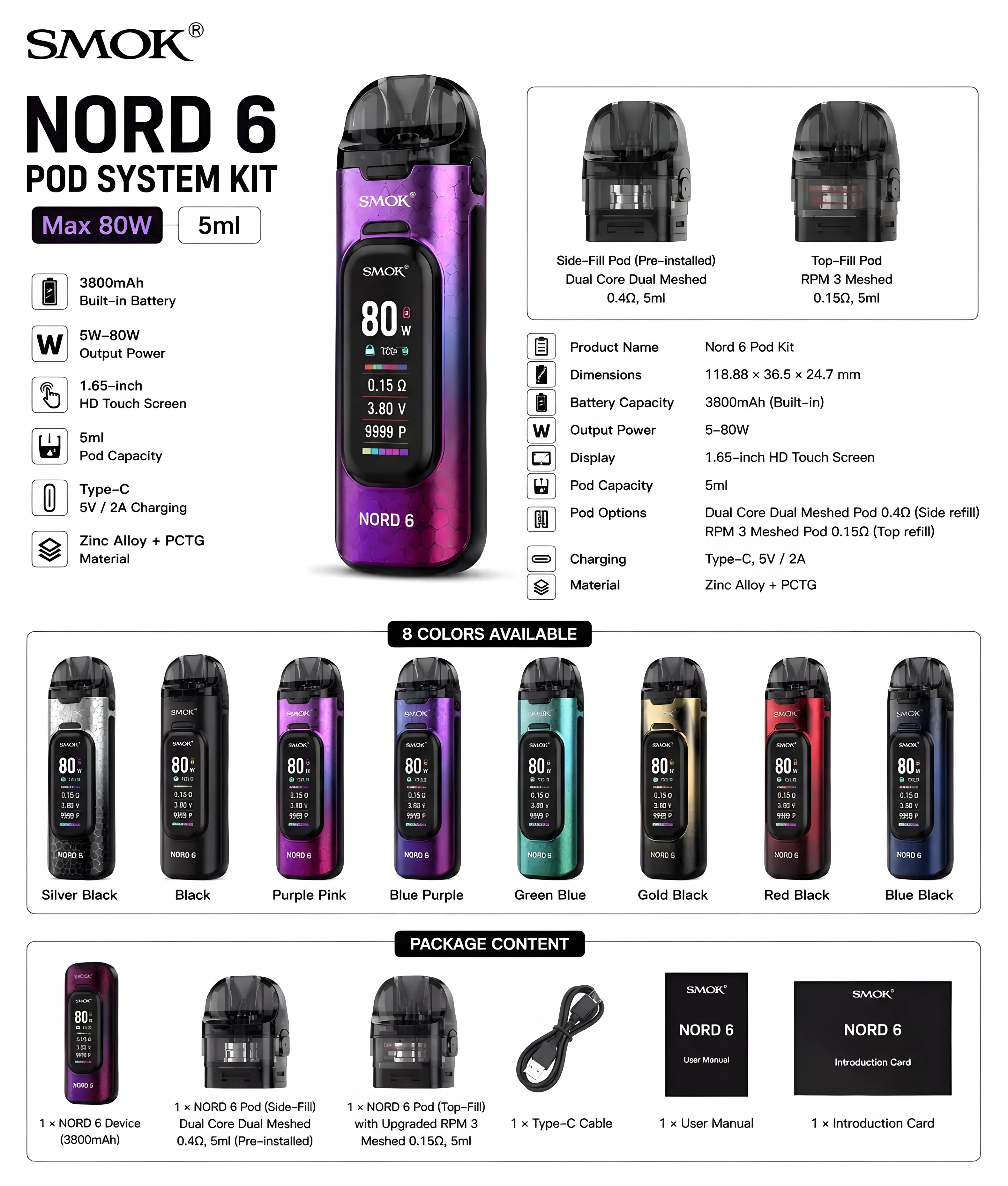 SMOK Nord 6 Pod System Kit 80W 3800mAh 5ML Refillable Vape Device with HD Touch Screen by Indian Vape Hub