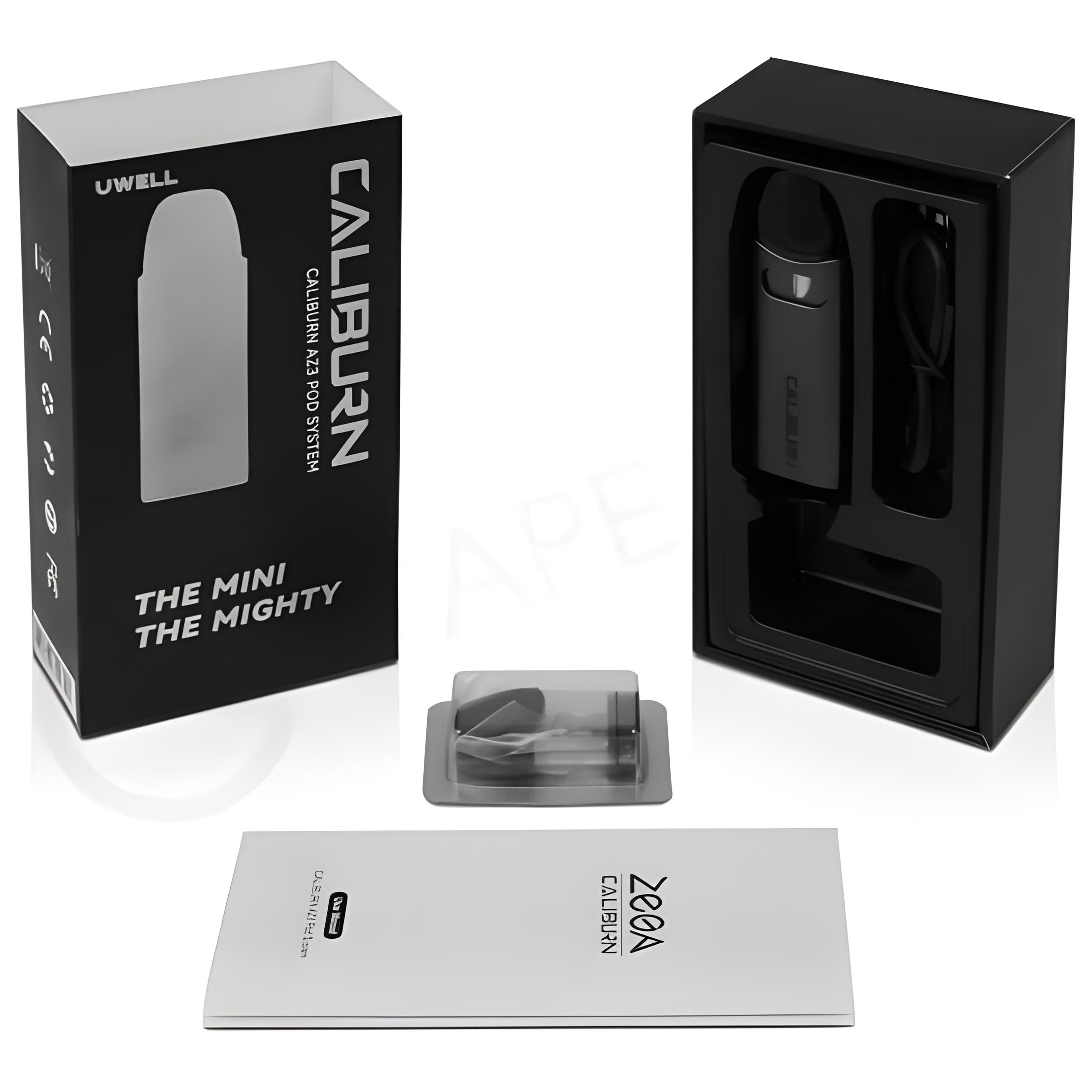 Uwell Caliburn vaping device and accessories with packaging on a white background