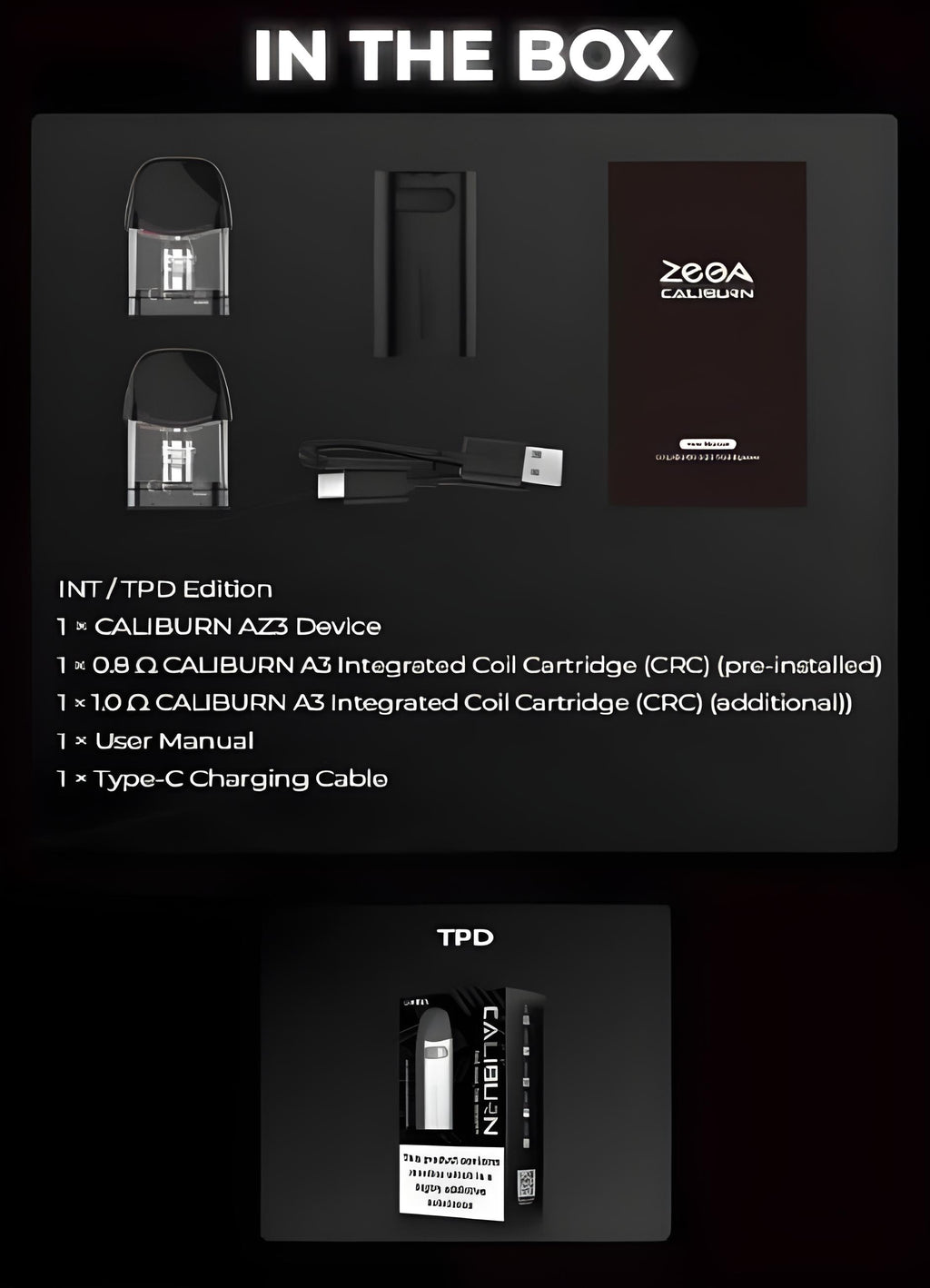Product packaging with CALBURN AZ3 device and accessories on a black background