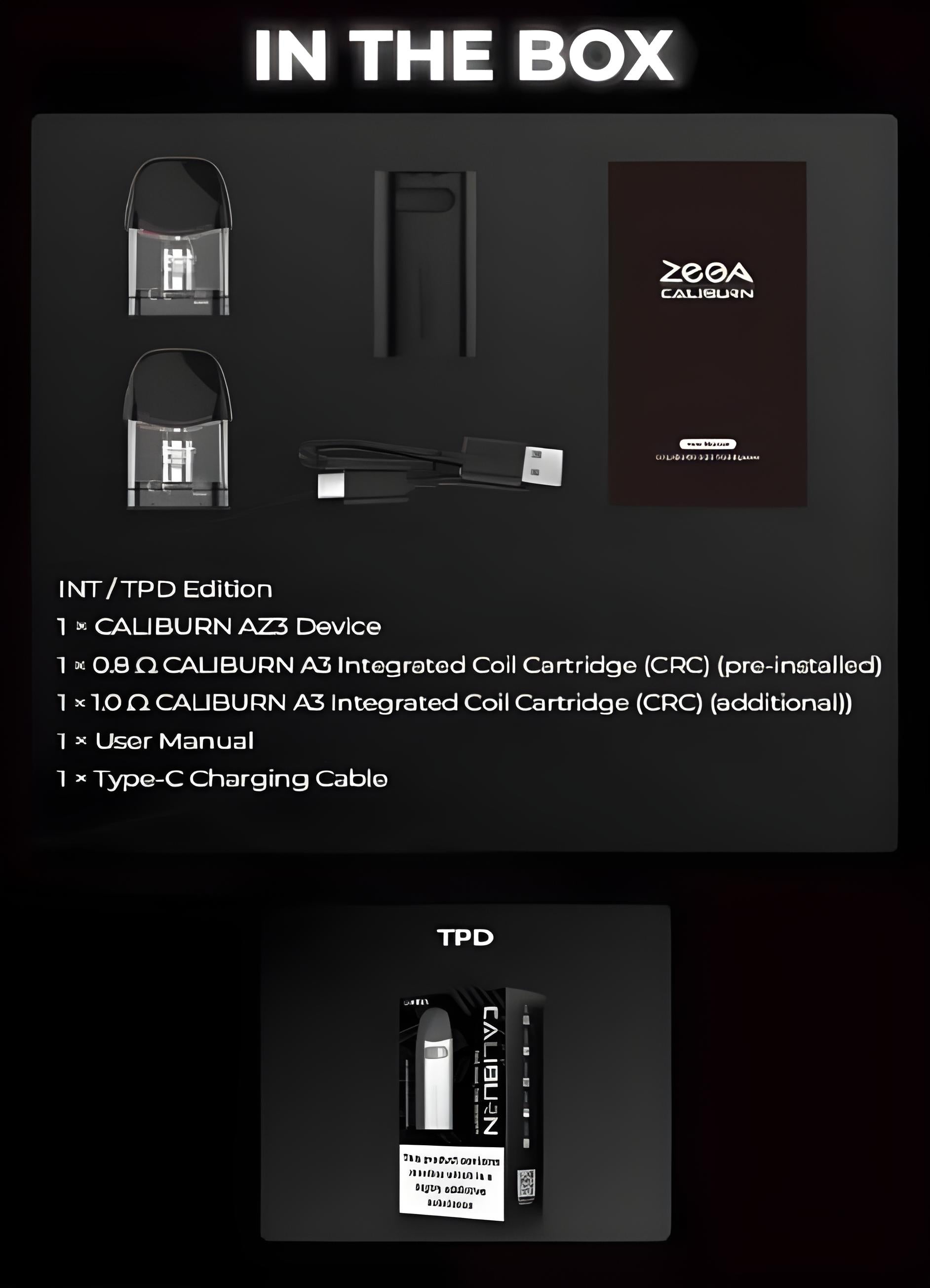 Product packaging with CALBURN AZ3 device and accessories on a black background