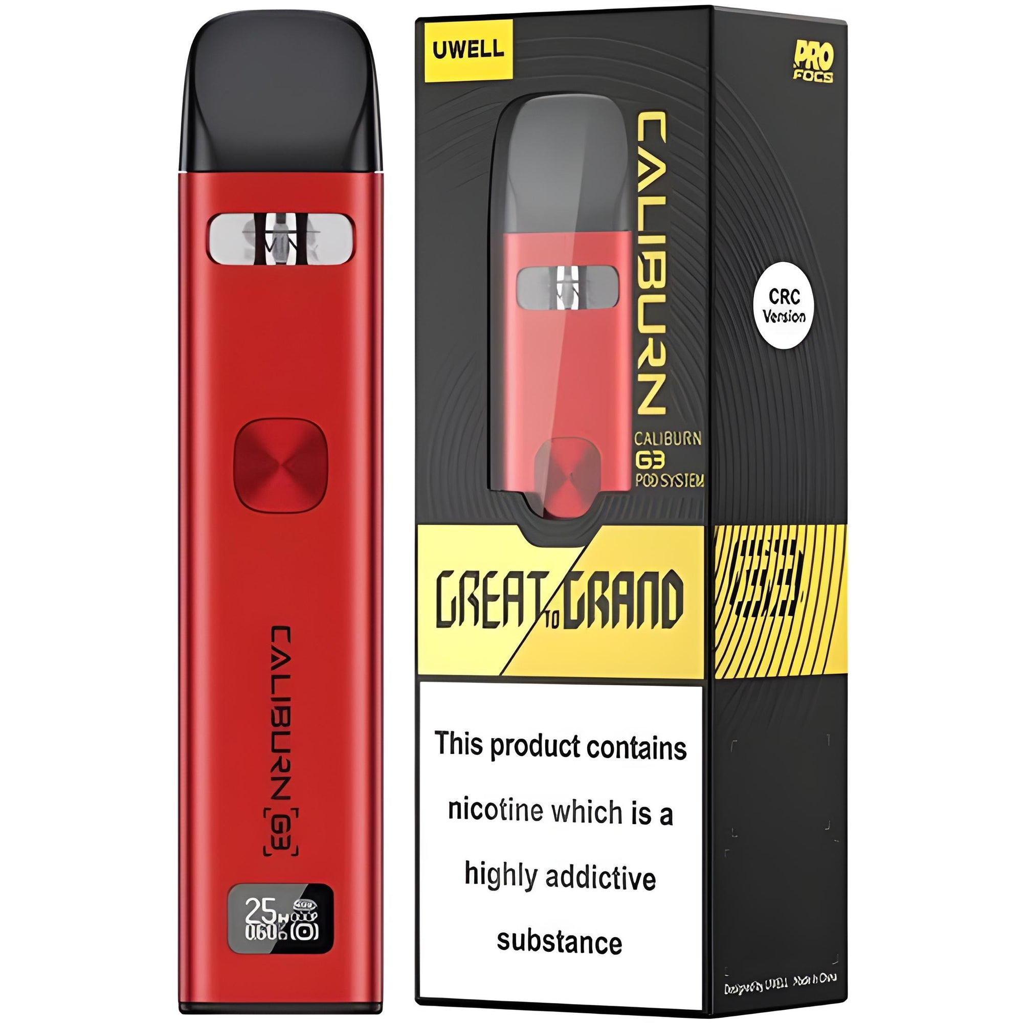 Red vape device with 'Caliburn' branding next to its packaging on a white background